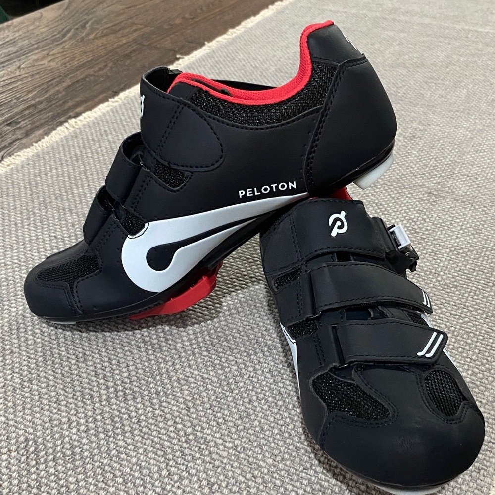 Peloton Black and White Cycling Shoes with Red Soles